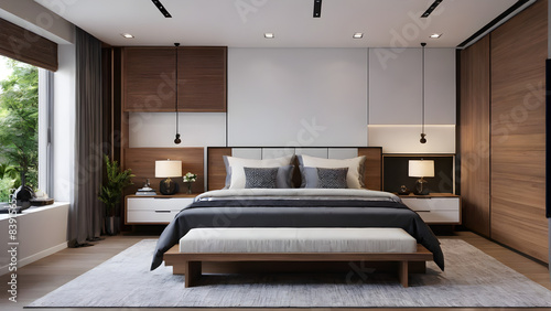 Modern bedroom design, modern furniture, double beds and french window, high-end apartments or hotels, high-end furniture
