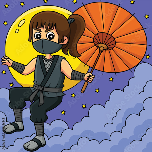 Ninja Kunoichi Holding an Umbrella Colored Cartoon