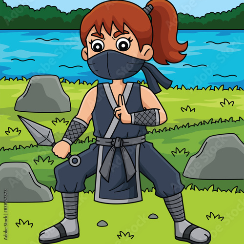 Ninja Kunoichi with a Kunai Colored Cartoon 