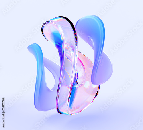 3d crystal light holographic glass figures in shape of infinity render. Abstract geometric transparent and morphism object of plastic and liquid wave forms with hologram refraction. 3D illustration photo