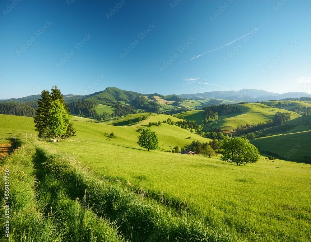 Fototapeta premium The background features a serene rural setting with rolling hills and a clear blue sky, capturing the peaceful ambiance of the moment