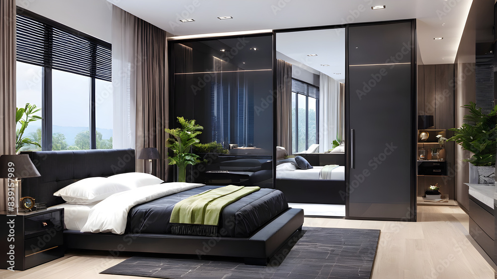 Modern bedroom design, modern furniture, double beds and french window, high-end apartments or hotels, high-end furniture Modern bedroom design, modern furniture, double beds and french window, high-end apartments or hotels, high-end furniture