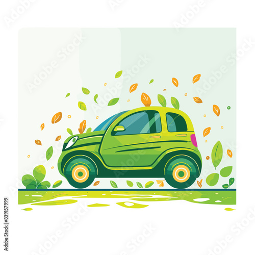 Ecofriendly green car driving through leaves depicting environmentally conscious transportation. Electric vehicle concept illustrating sustainable automotive technology among autumn foliage. Green