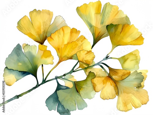 Fototapeta Naklejka Na Ścianę i Meble -  a branch with yellow and green leaves and a white background