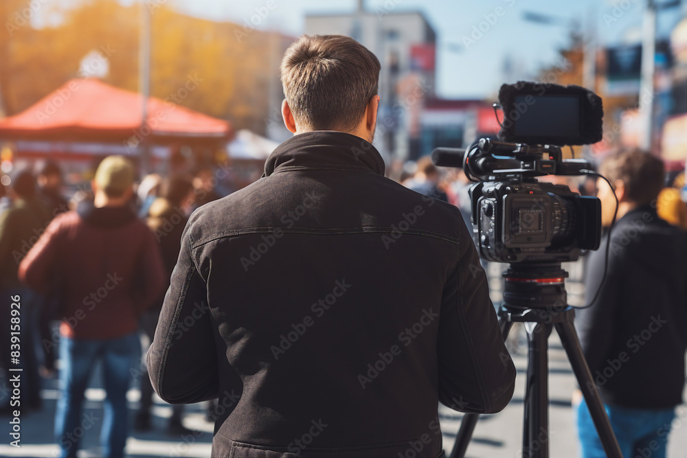 Generative AI illustration Professional reporter journalist in front of camera making live reportage Generative AI illustration Professional reporter journalist in front of camera making live reportage