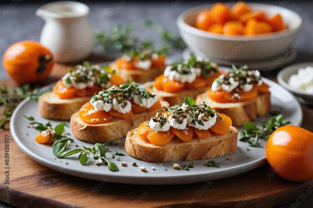Persimmon Bruschetta: a plate of persimmon bruschetta. Arrange toasted baguette slices topped with ricotta cheese, thinly sliced persimmon, a drizzle of honey, and a sprinkle of fresh thyme. Persimmon Bruschetta: a plate of persimmon bruschetta. Arrange toasted baguette slices topped with ricotta cheese, thinly sliced persimmon, a drizzle of honey, and a sprinkle of fresh thyme.
