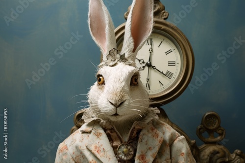 An imaginative steampunk-inspired rabbit character posing with an antique clock backdrop photo