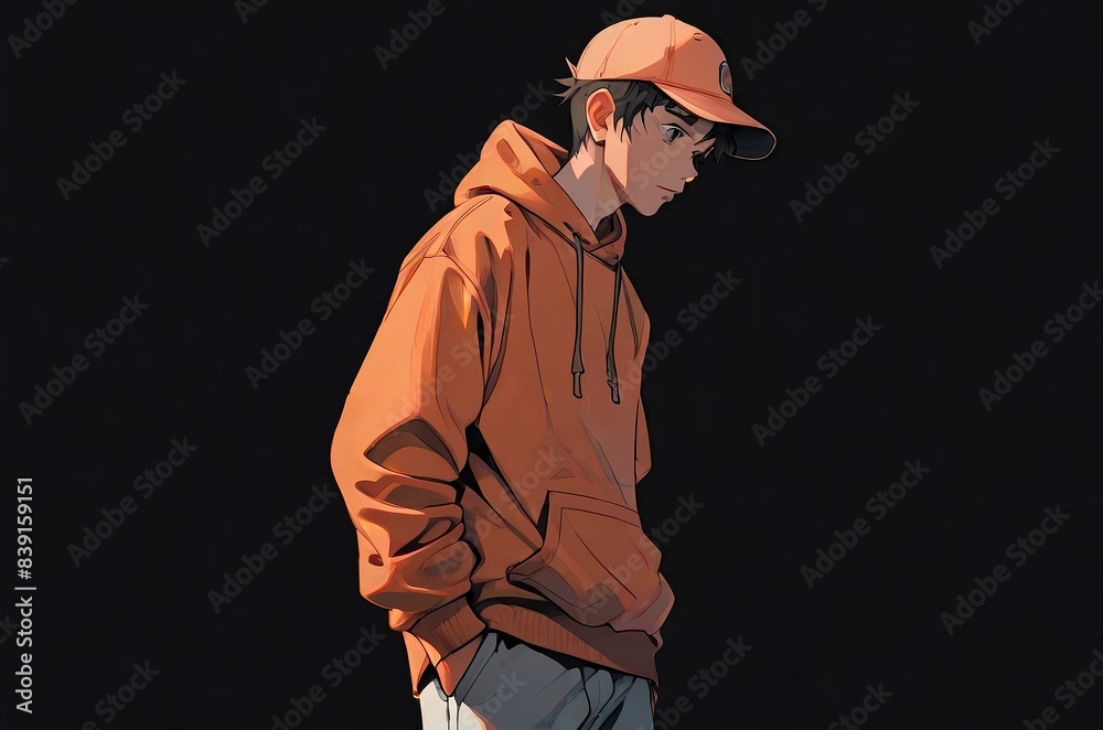 Boy in cap and hoodie aesthetic Anime style illustration, flat vector illustration, anime background Boy in cap and hoodie aesthetic Anime style illustration, flat vector illustration, anime background