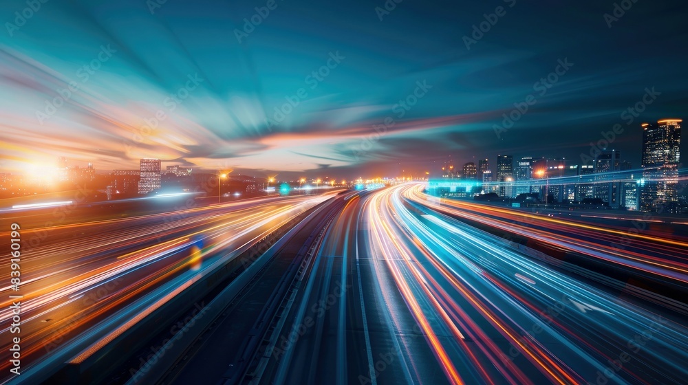 Nighttime Drive: High-Speed Car on Brightly Lit Road in Long-Exposure Nighttime Drive: High-Speed Car on Brightly Lit Road in Long-Exposure