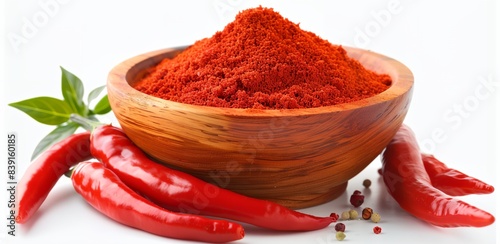a wooden bowl filled with red chili powder next to red chili peppers © inspiretta