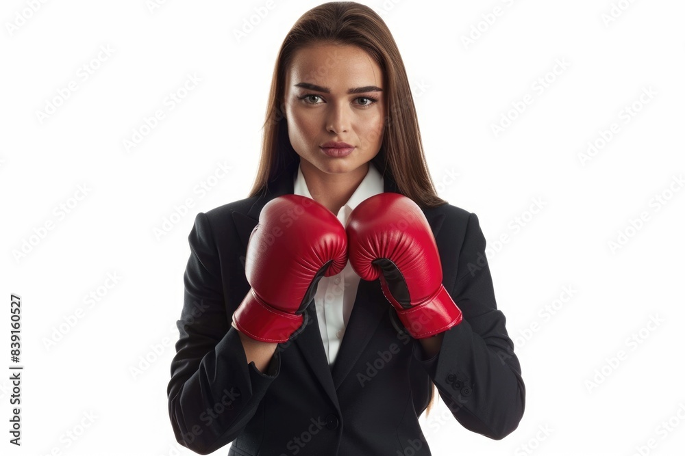 Stock image of businesswoman with boxing gloves isolated on white background Stock image of businesswoman with boxing gloves isolated on white background