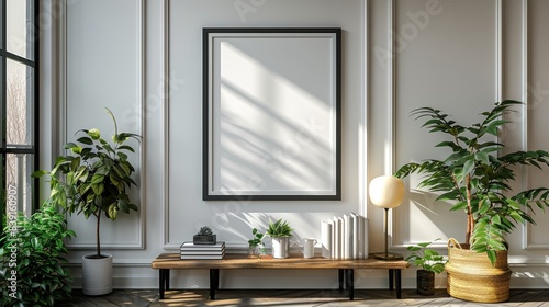Cozy minimalist interior with a wooden bench, indoor plants, and an empty black-framed picture on a white wall with natural light.
