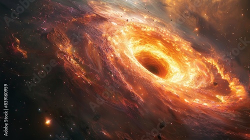 Dramatic depiction of a glowing black hole in space, showcasing cosmic energy and swirling matter under the influence of intense gravitational forces.