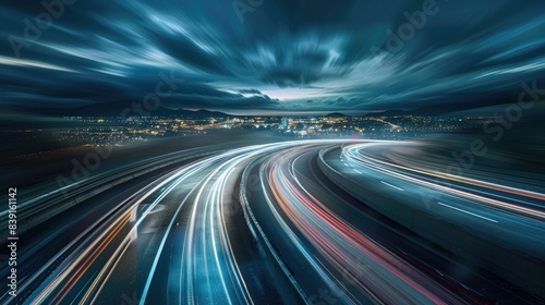 Speedy Night Adventure  Car on Illuminated Highway in Long-Exposure Shot