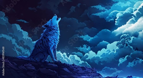 A blue wolf howls at the blue lightning in the blue sky.