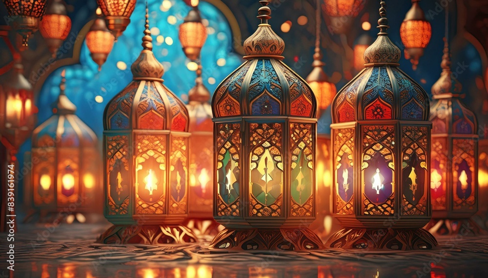 Obraz premium The background showcases traditional Ramadan lanterns with intricate patterns and warm, glowing candles inside
