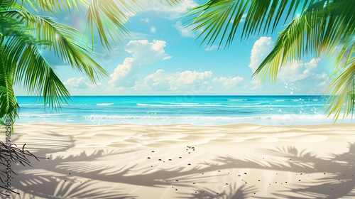 Fototapeta Naklejka Na Ścianę i Meble -  Tropical Beach Panorama with White Sand and Coco Palms - Travel Tourism Banner Concept