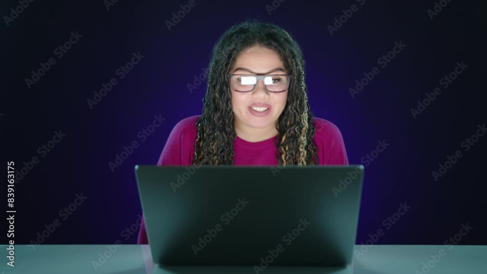 A woman with glasses using a laptop display various emotions in video frames like waving, confusion, questioning, and smiling. The scene depicts digital communication and working remotely A woman with glasses using a laptop display various emotions in video frames like waving, confusion, questioning, and smiling. The scene depicts digital communication and working remotely