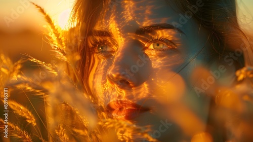 Artistic portrayal of a beautiful Caucasian woman's face overlaid with the delicate contours of a serene landscape bathed in the warm glow of sunrise or sunset, Generative AI © Photochanu