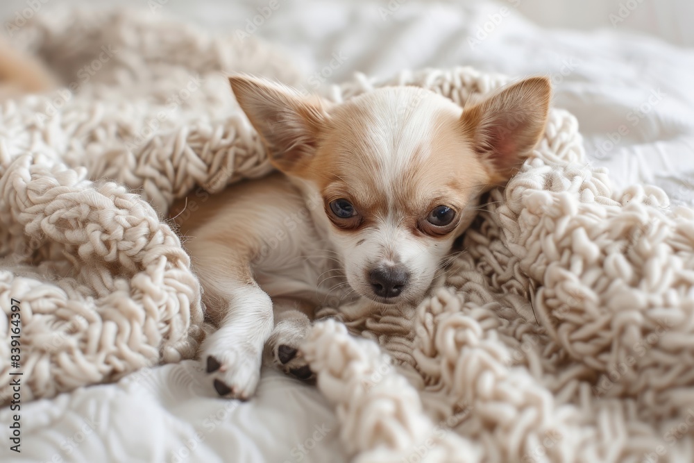 Adorable Chihuahua puppy nestled in a soft blanket, relaxation and cuteness concept Adorable Chihuahua puppy nestled in a soft blanket, relaxation and cuteness concept