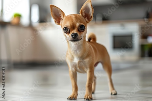 Adorable Chihuahua standing in a modern kitchen  cute pet concept