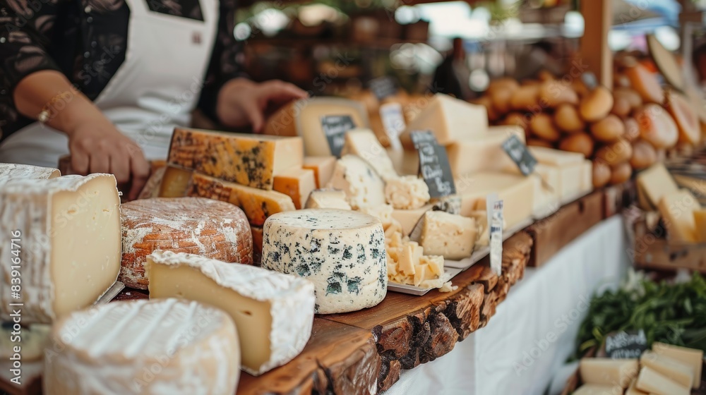 Cheese vendor at a farmers market, offering samples of various cheeses on a beautiful wooden board Cheese vendor at a farmers market, offering samples of various cheeses on a beautiful wooden board