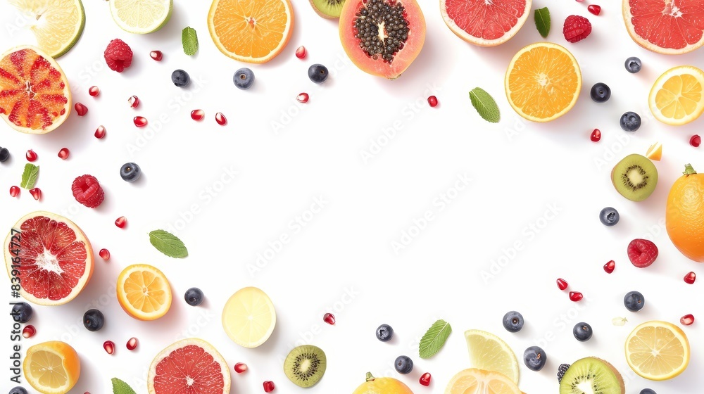 Healthy fruit food frame, top view illustration, bright and fresh, copy space, isolated on white background, photorealistic, ethereal, double exposure, cheerful and clean