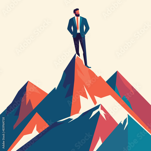 Man standing peak mountain, symbolizing success, achievement, leadership. Businessman reached summit, representing goal attainment, career growth. Confident male figure overlooking mountainscape