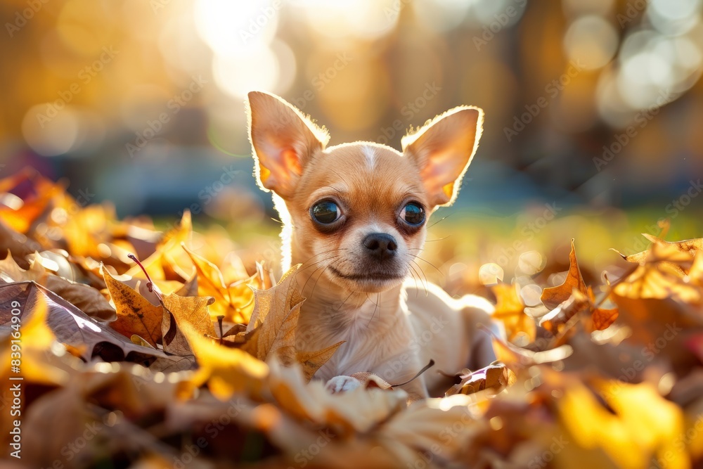 Small dog sitting in autumn leaves with sunlight in the background, autumn concept