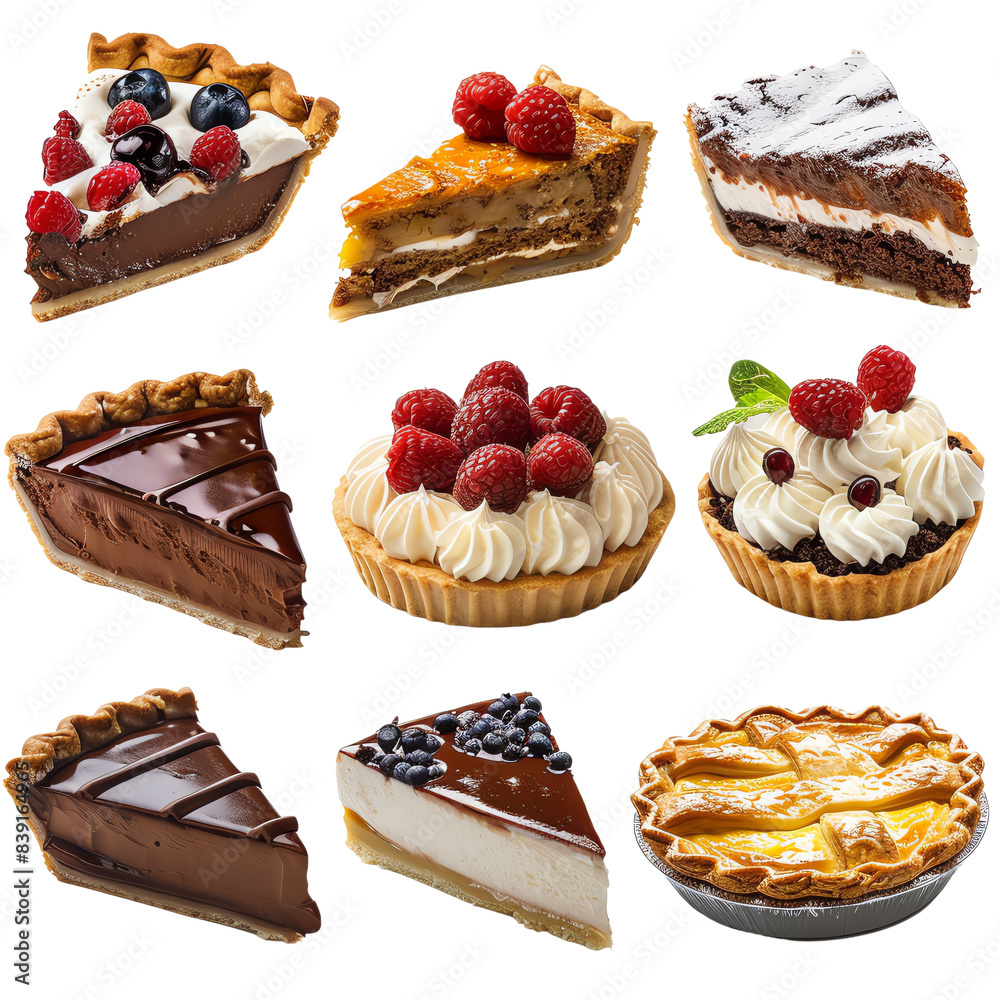 A delectable assortment of various fruit and chocolate pies and cakes, showcasing different toppings and crusts. A delectable assortment of various fruit and chocolate pies and cakes, showcasing different toppings and crusts.