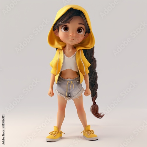 little girl, front view, full body shot, yellow hood, shorts, banner copy soace for text photo