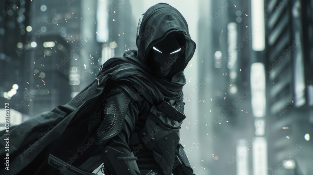 An all-black, masked ninja with eyes that glowed white. An all-black, masked ninja with eyes that glowed white.