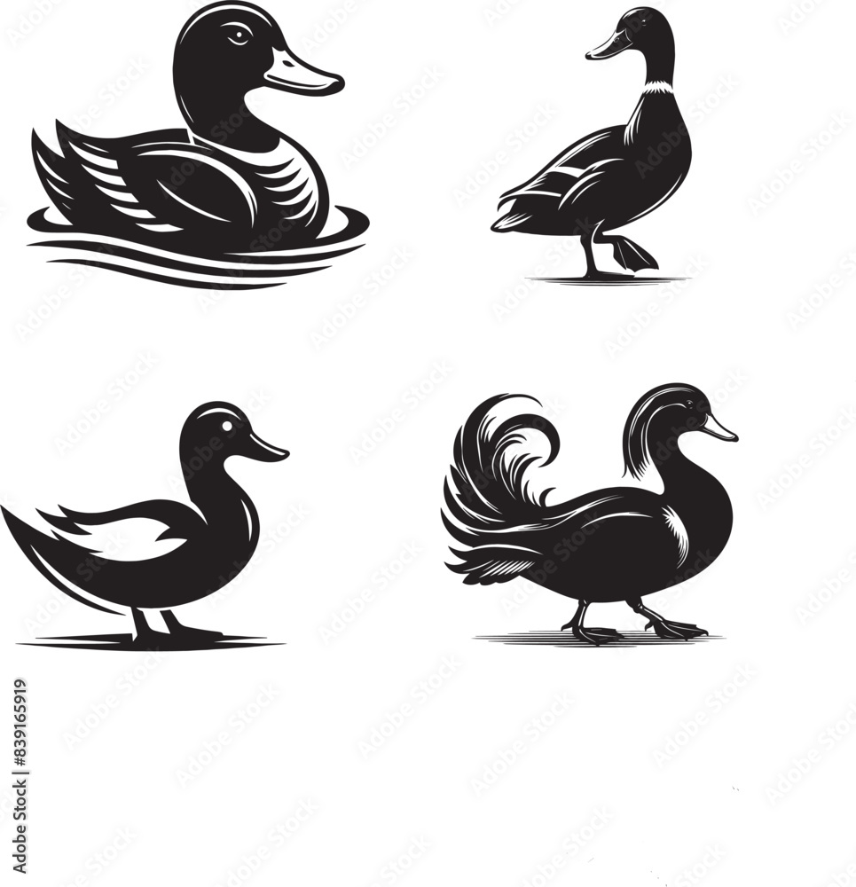 Obraz premium Retro Black and White Duck Silhouette, Black and White Duck Silhouette, Outline Duck Silhouette
