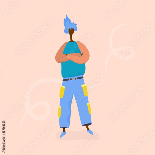 Vector image of an abstract dark-skinned teenager with arms folded over his chest, wearing bright clothes on a beige background