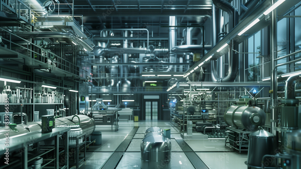 A futuristic industrial setting with a lot of pipes and wires. The pipes are glowing blue and the wires are orange A futuristic industrial setting with a lot of pipes and wires. The pipes are glowing blue and the wires are orange