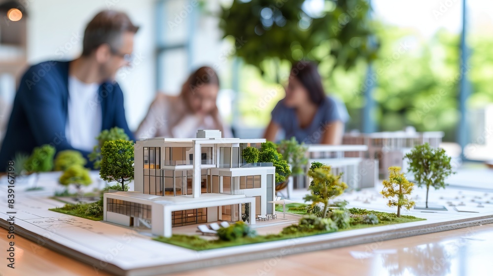 Home Buying Scene: Close-Up of House Mockup and Couple Discussing Properties Home Buying Scene: Close-Up of House Mockup and Couple Discussing Properties