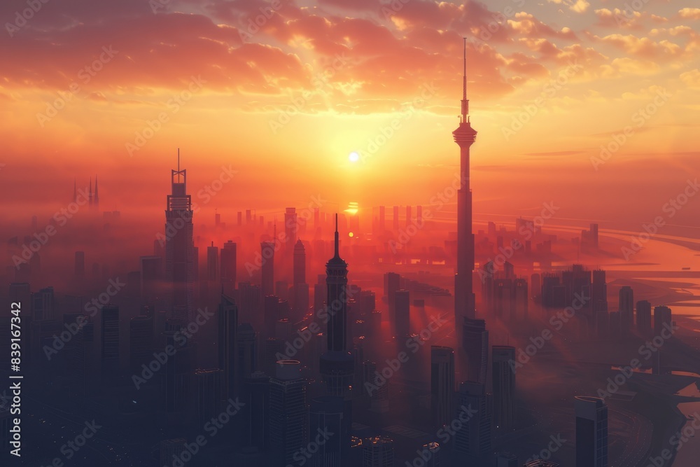 Obraz premium Kuwait City Sunrise with 3 Tower and Panorama view Droneshot