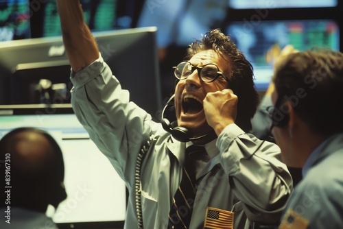 imagine prompt A stockbroker celebrating a market victory on the phone, highenergy trading floor, expressions of joy, cinematic vibrance,