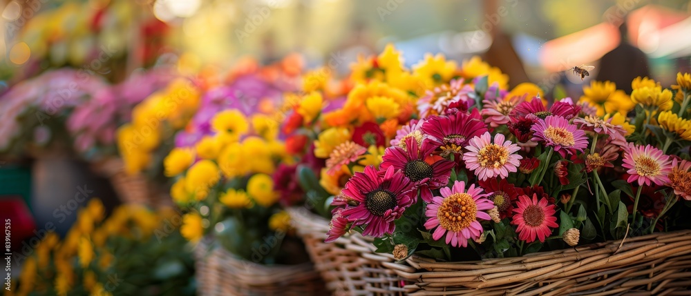 Farmers market scene with baskets of fresh flowers, bees buzzing, and a joyful atmosphere Farmers market scene with baskets of fresh flowers, bees buzzing, and a joyful atmosphere