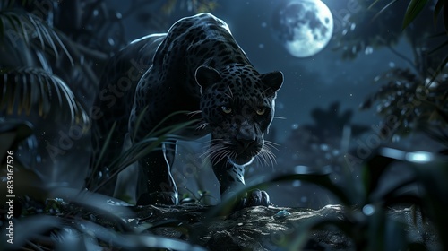 A sleek black panther stealthily stalking its prey through the moonlit jungle.