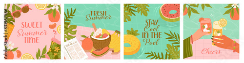 Set of tropical summer beach female vector illustrations, fruit salad, juice, and fruit floaters for background, portrait posters and card