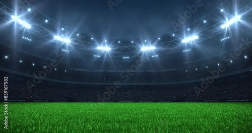 Sports stadium background at night with glowing spotlights and cheering fans. Professional 4K video loop for sports advertisement.