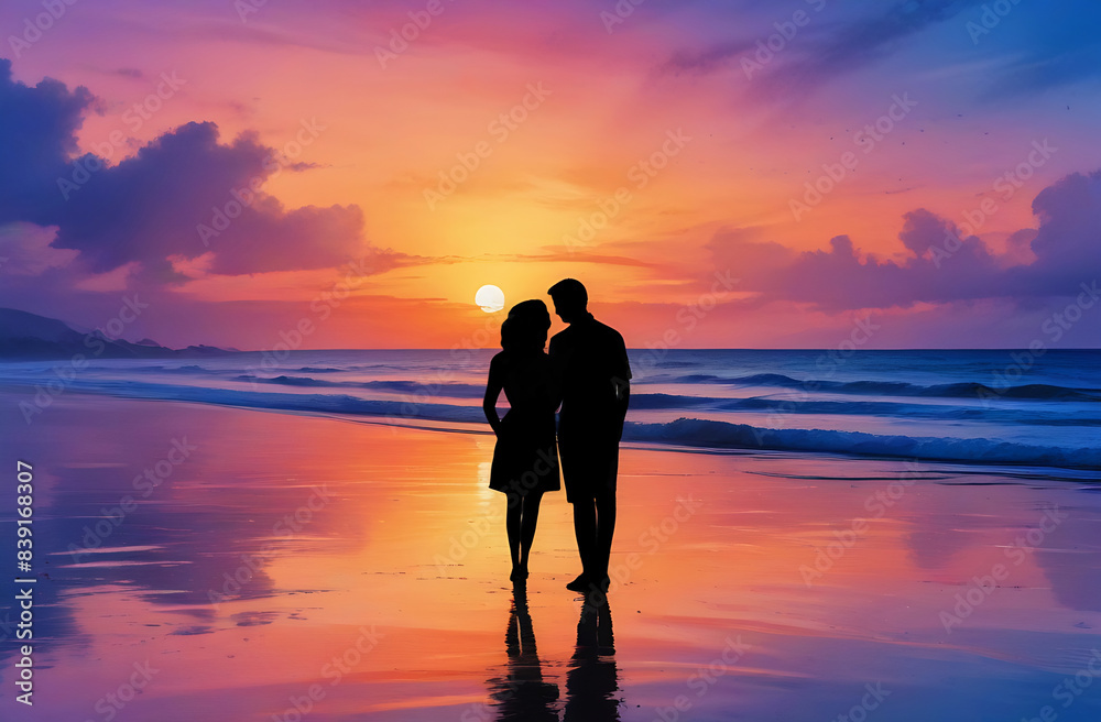 Silhouette of a couple in love against the backdrop of a beautiful sea sunset Silhouette of a couple in love against the backdrop of a beautiful sea sunset