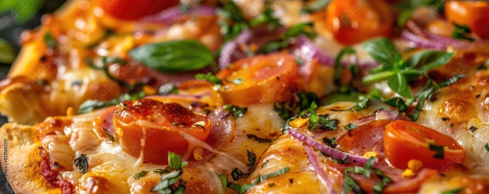 Close-up of a delicious homemade pizza with fresh tomatoes, basil, mozzarella, and red onions, garnished with herbs and spices. Close-up of a delicious homemade pizza with fresh tomatoes, basil, mozzarella, and red onions, garnished with herbs and spices.
