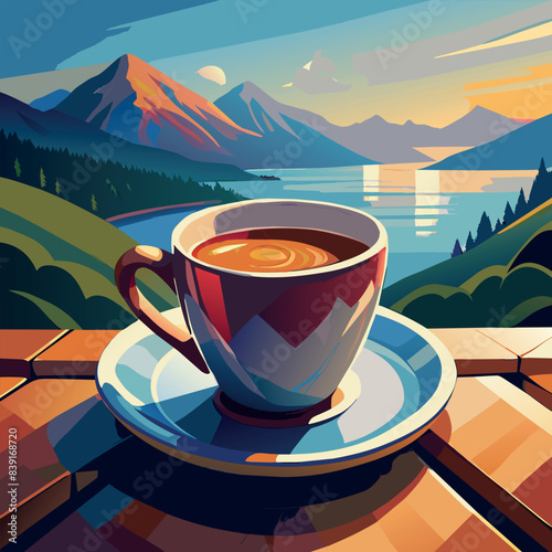 A cup of coffee is sitting on a saucer on a table in front of a house. The image has a peaceful and relaxing mood, as it depicts a quiet moment in a city setting