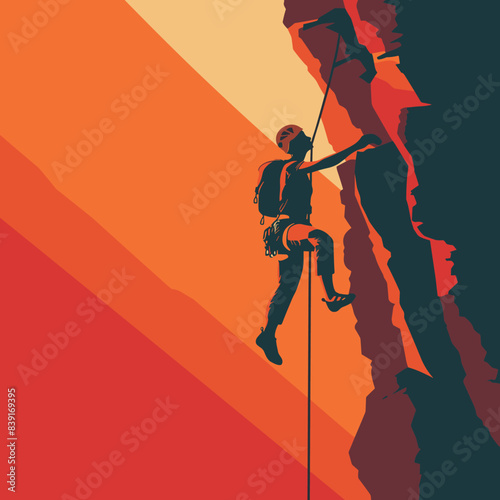 male rock climber ascends cliff harness rope, set against orange red sunset background. Climbing equipment visible climber exhibits strength focus, silhouette determined against vibrant colored