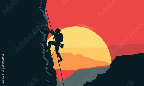 Silhouetted climber scaling vertical cliff against sunset backdrop. Person engaged extreme sport, mountain climbing during dusk. Adventure theme featuring outdoor activity, dramatic sun setting