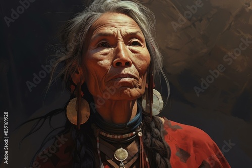 Digital painting of an elderly indigenous woman with traditional attire, expressing wisdom