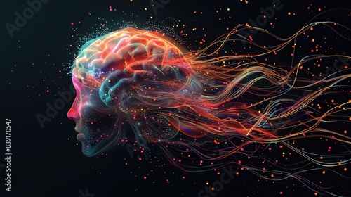 Creative generative AI illustration of colorful brain with pixels and wires levitating against black background