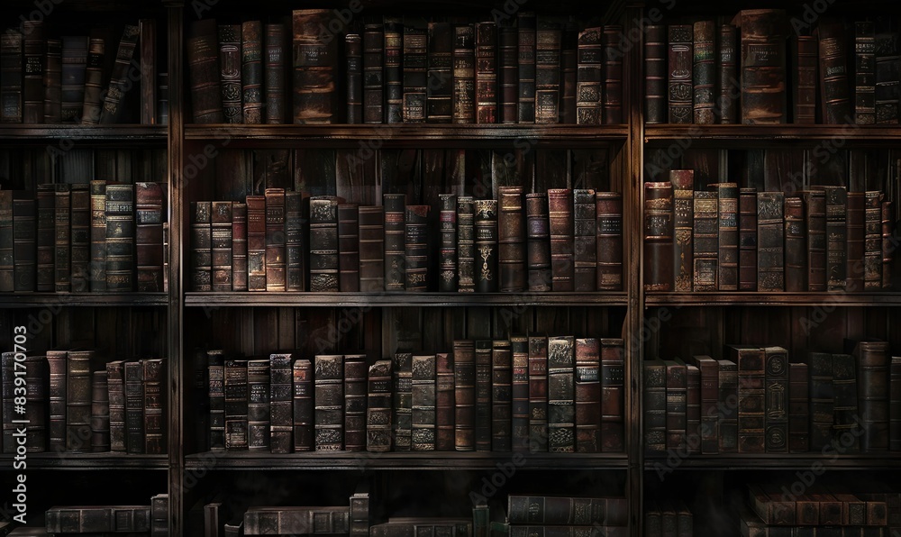 Bookshelves with old books on dimly lit walls with a mysterious, old library vibe Bookshelves with old books on dimly lit walls with a mysterious, old library vibe